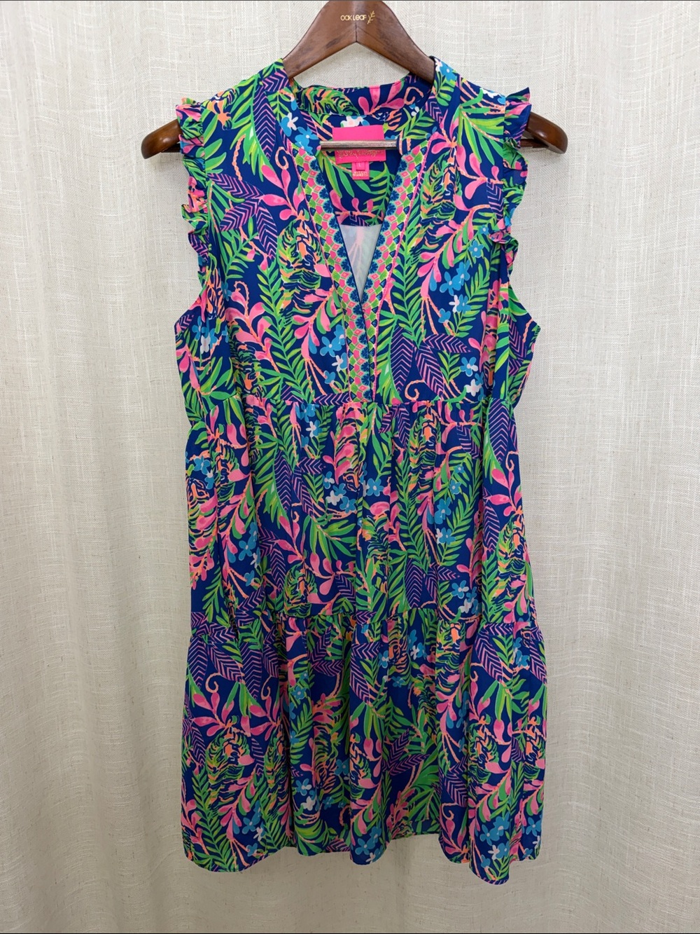 Lilly Pulitzer Sleeveless Blue & Pink Tropical Print Tiered Dress Size Large - Picture 1 of 14